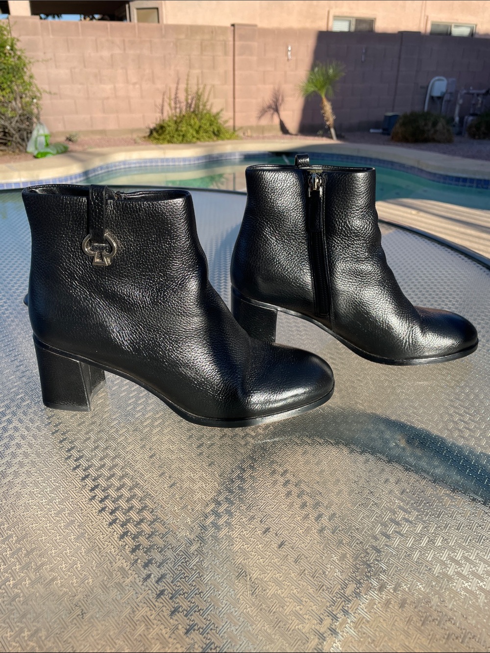 kate spade Uptown Spade Black Leather Block Heel Ankle Booties